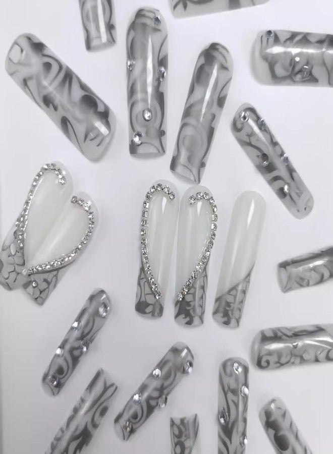 CTTHNBD Press on Nails Long Square Fake Nails Silver French False Tip with Rhinestones Charms Design Glue on Nails 3D Heart Stick on Nails Elegant Glitter Glossy Acrylic Nails for Women Manicure 24Pcs - Image 2